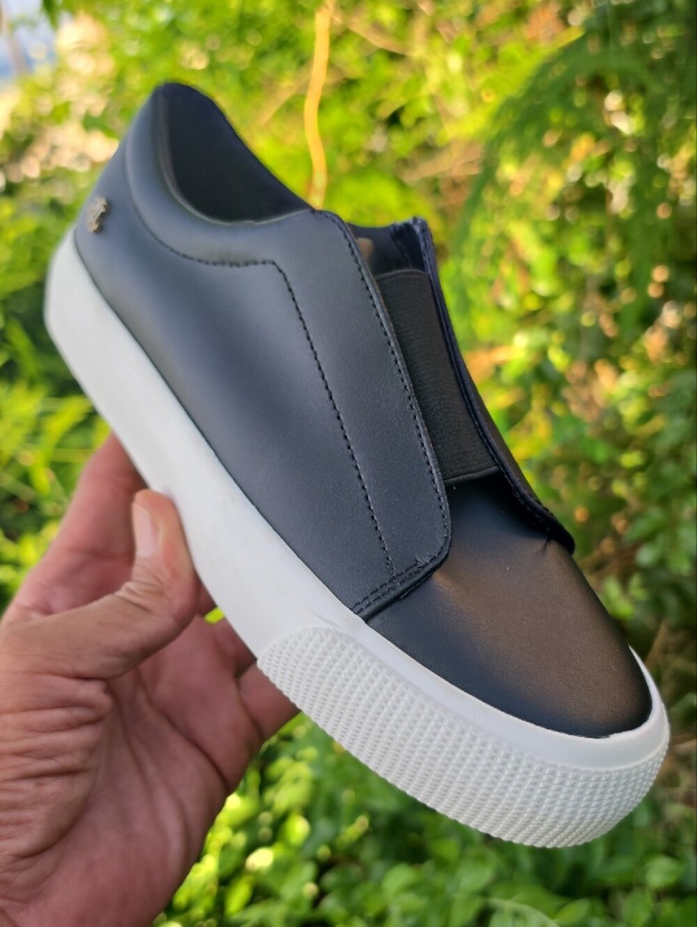 Ralph Lauren Black Leather Slip-On with White Sole and Gold RL Accent
